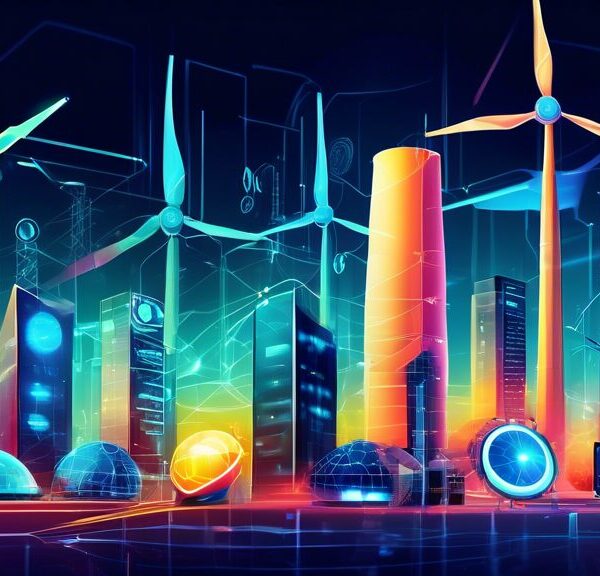 Create a futuristic scene that showcases the integration of advanced IT technologies in the energy industry. Include elements like smart grids, renewable energy sources such as wind turbines and solar