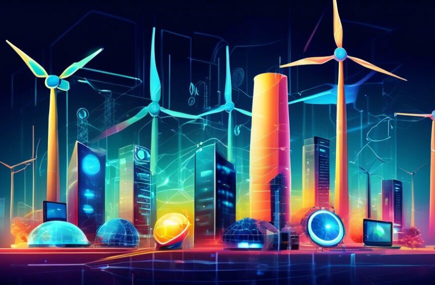 Create a futuristic scene that showcases the integration of advanced IT technologies in the energy industry. Include elements like smart grids, renewable energy sources such as wind turbines and solar