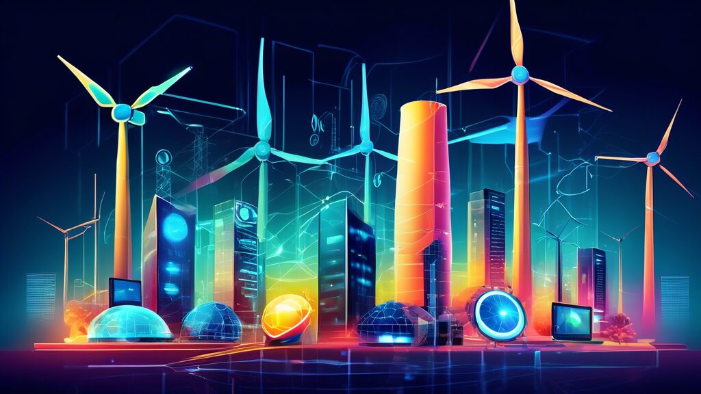 Create a futuristic scene that showcases the integration of advanced IT technologies in the energy industry. Include elements like smart grids, renewable energy sources such as wind turbines and solar