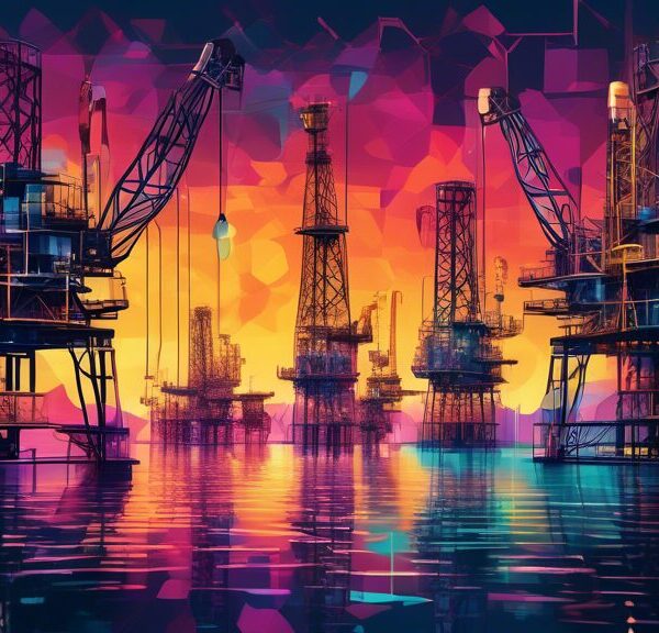 Create an image depicting the impact of artificial intelligence on oil production. Show a modern oil rig integrated with advanced AI technology, featuring robotic machinery, futuristic computer screen