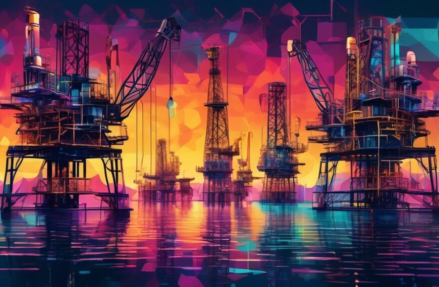 Create an image depicting the impact of artificial intelligence on oil production. Show a modern oil rig integrated with advanced AI technology, featuring robotic machinery, futuristic computer screen