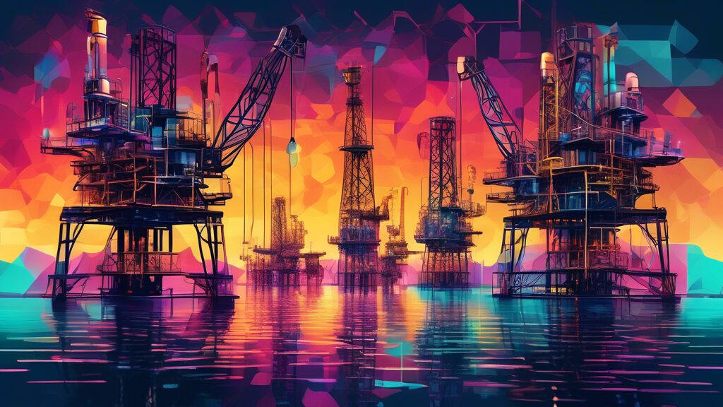 Create an image depicting the impact of artificial intelligence on oil production. Show a modern oil rig integrated with advanced AI technology, featuring robotic machinery, futuristic computer screen