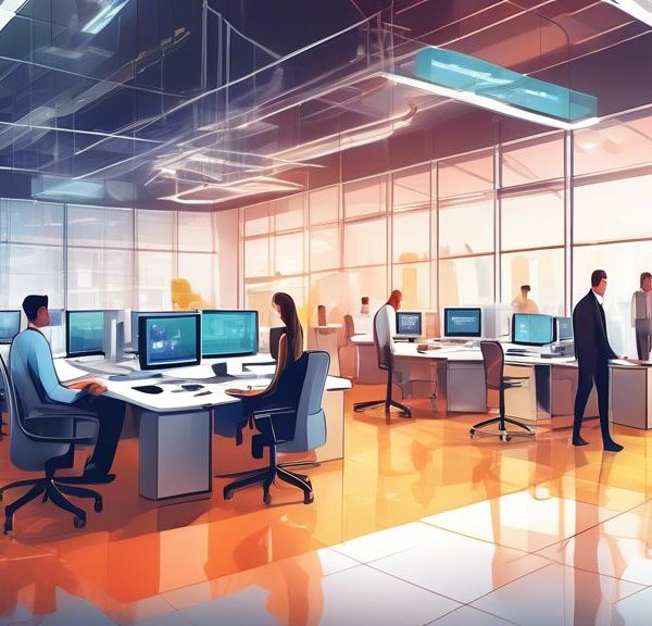 Create a detailed illustration of a modern office environment showcasing advanced technology for improving asset lifecycle management. Include elements such as smart analytics dashboards, asset tracki