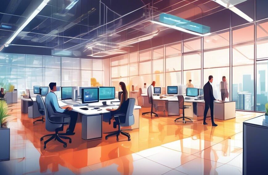 Create a detailed illustration of a modern office environment showcasing advanced technology for improving asset lifecycle management. Include elements such as smart analytics dashboards, asset tracki