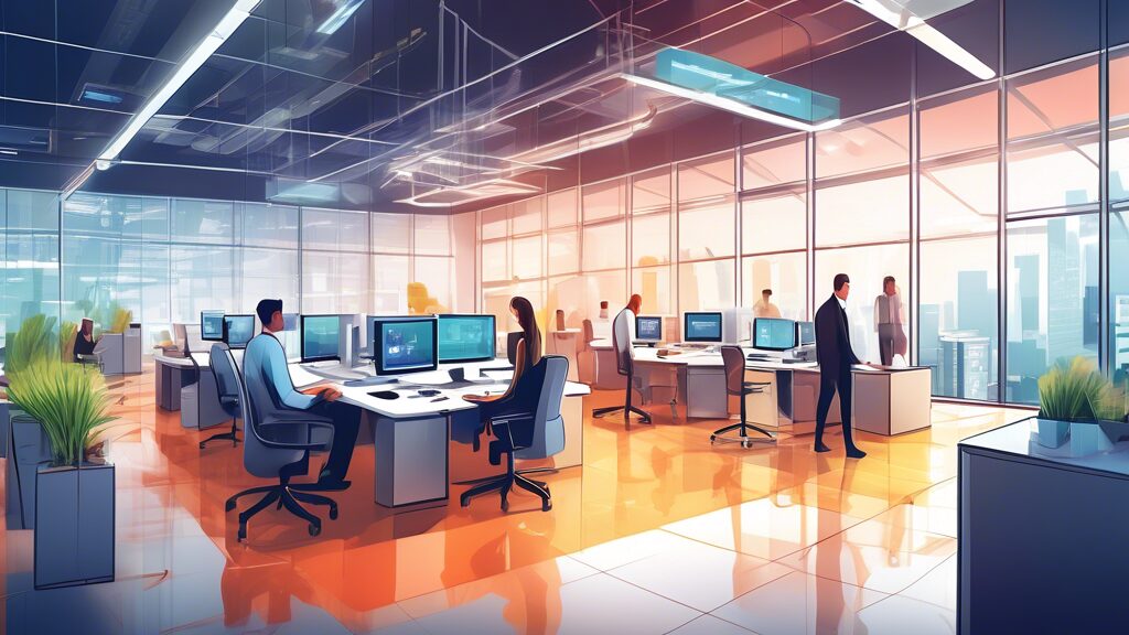 Create a detailed illustration of a modern office environment showcasing advanced technology for improving asset lifecycle management. Include elements such as smart analytics dashboards, asset tracki