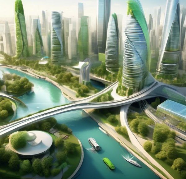 Create an image showcasing the future of civil engineering: an ultramodern city with advanced architectural designs, sustainable skyscrapers, innovative bridge structures, and eco-friendly public tran