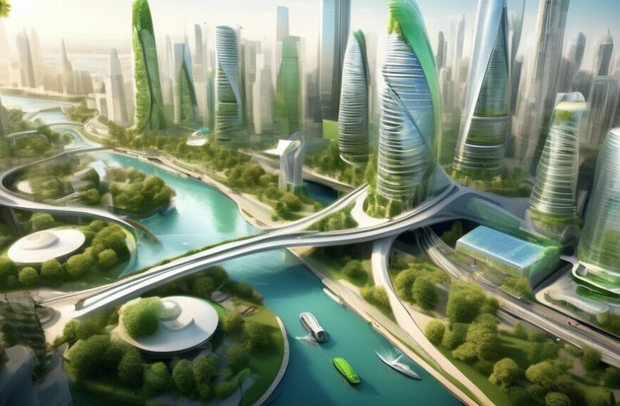 Create an image showcasing the future of civil engineering: an ultramodern city with advanced architectural designs, sustainable skyscrapers, innovative bridge structures, and eco-friendly public tran