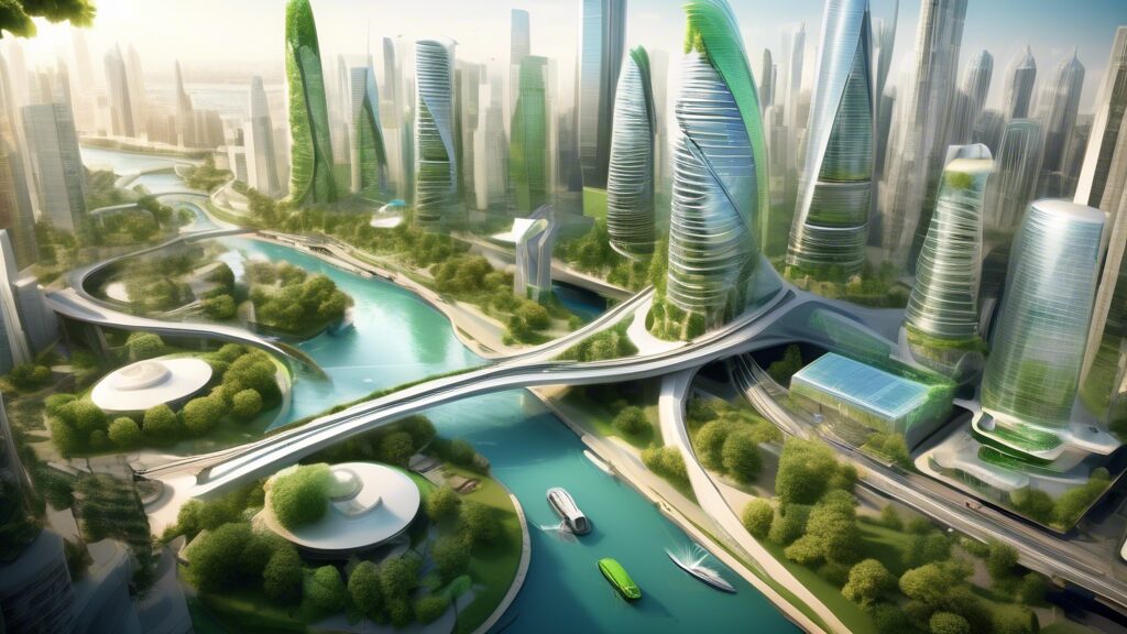 Create an image showcasing the future of civil engineering: an ultramodern city with advanced architectural designs, sustainable skyscrapers, innovative bridge structures, and eco-friendly public tran