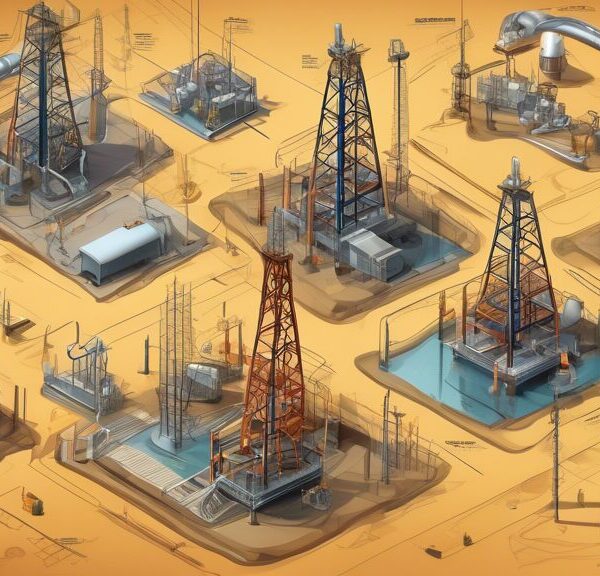 Create a detailed illustration of a modern oil and gas well site, highlighting key strategies for effective development. Show advanced drilling rigs, safety measures, and environmental protection techniques. Include elements like geophysical survey equipment, efficient water management systems, and well-planned infrastructure. The setting should reflect a balance between technological sophistication and environmental stewardship.