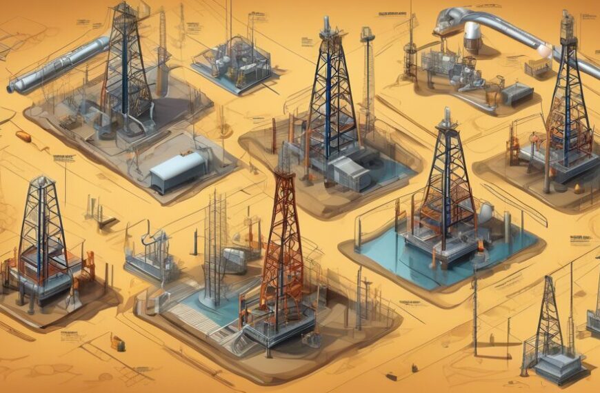 Create a detailed illustration of a modern oil and gas well site, highlighting key strategies for effective development. Show advanced drilling rigs, safety measures, and environmental protection techniques. Include elements like geophysical survey equipment, efficient water management systems, and well-planned infrastructure. The setting should reflect a balance between technological sophistication and environmental stewardship.