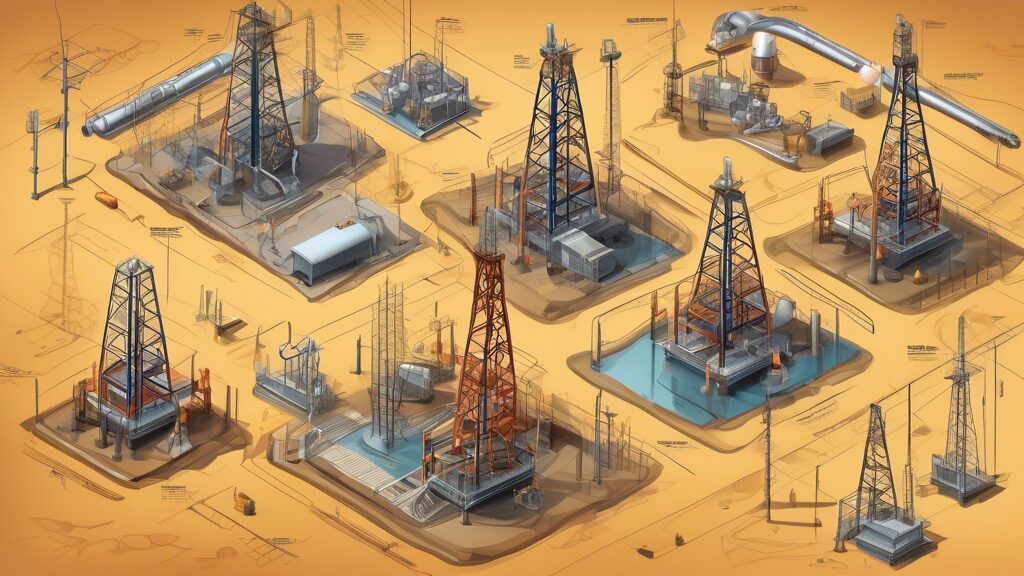 Create a detailed illustration of a modern oil and gas well site, highlighting key strategies for effective development. Show advanced drilling rigs, safety measures, and environmental protection techniques. Include elements like geophysical survey equipment, efficient water management systems, and well-planned infrastructure. The setting should reflect a balance between technological sophistication and environmental stewardship.