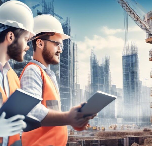 Create an image showing civil engineers at a modern construction site, surrounded by advanced technologies such as drones, robotic machinery, and tablets displaying complex AI-driven architectural blu