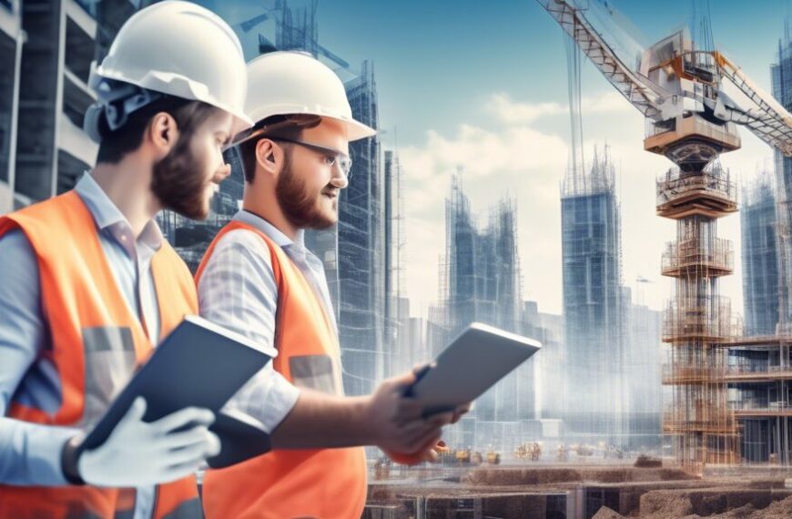 Create an image showing civil engineers at a modern construction site, surrounded by advanced technologies such as drones, robotic machinery, and tablets displaying complex AI-driven architectural blu