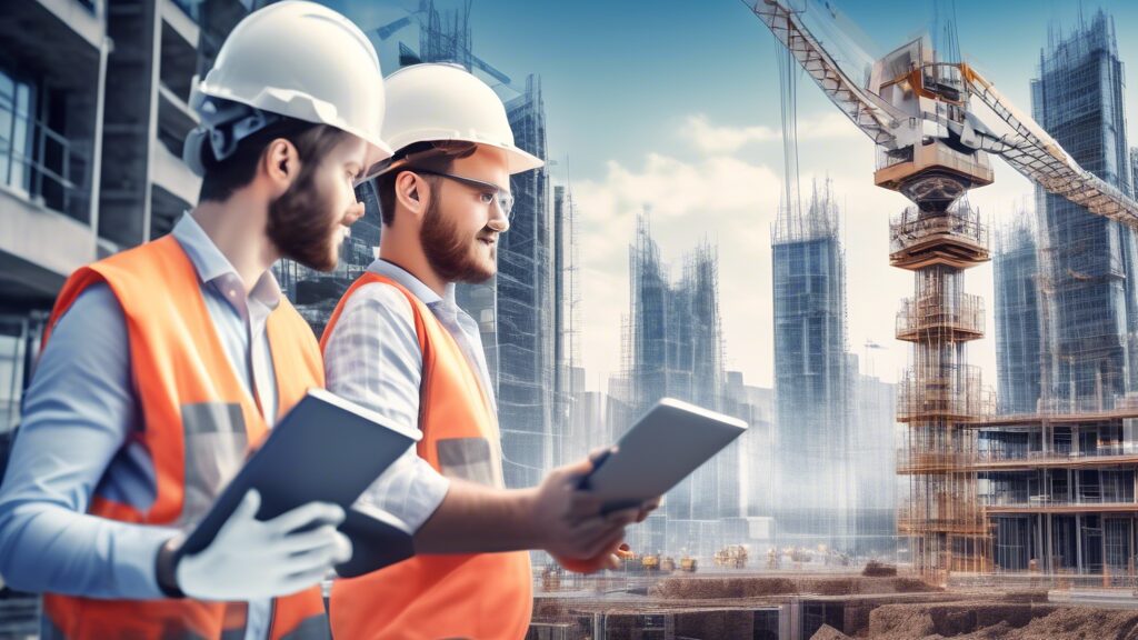 Create an image showing civil engineers at a modern construction site, surrounded by advanced technologies such as drones, robotic machinery, and tablets displaying complex AI-driven architectural blu