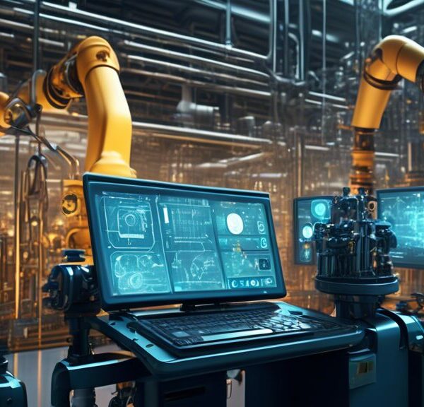 Create an image depicting the integration of AI technology in the oil and gas industry. Show robotic arms and AI-driven machinery operating in an oil refinery, with digital interfaces displaying data