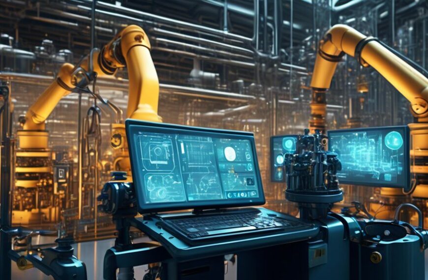 Create an image depicting the integration of AI technology in the oil and gas industry. Show robotic arms and AI-driven machinery operating in an oil refinery, with digital interfaces displaying data