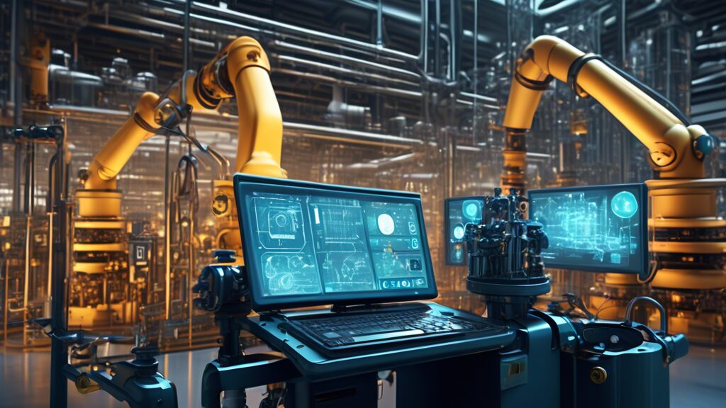 Create an image depicting the integration of AI technology in the oil and gas industry. Show robotic arms and AI-driven machinery operating in an oil refinery, with digital interfaces displaying data