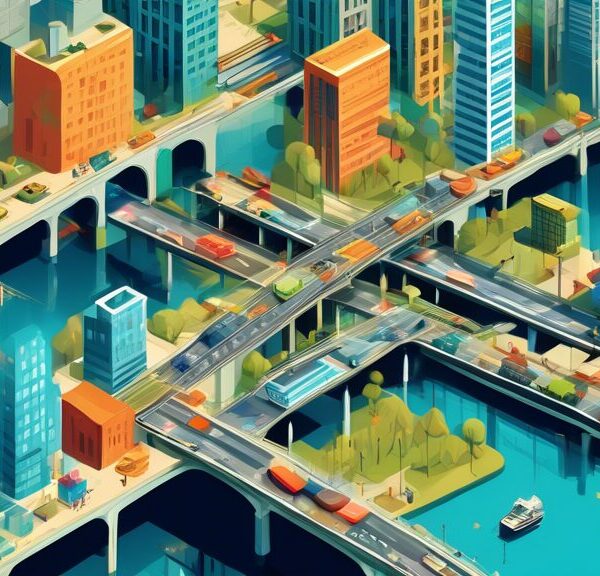 Create an illustration depicting a modern cityscape with various infrastructure projects in progress, such as bridges, buildings, and roads. Show project managers coordinating efficiently using digita