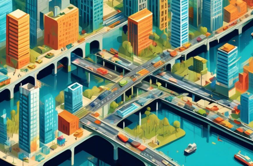 Create an illustration depicting a modern cityscape with various infrastructure projects in progress, such as bridges, buildings, and roads. Show project managers coordinating efficiently using digita