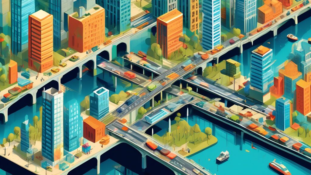 Create an illustration depicting a modern cityscape with various infrastructure projects in progress, such as bridges, buildings, and roads. Show project managers coordinating efficiently using digita