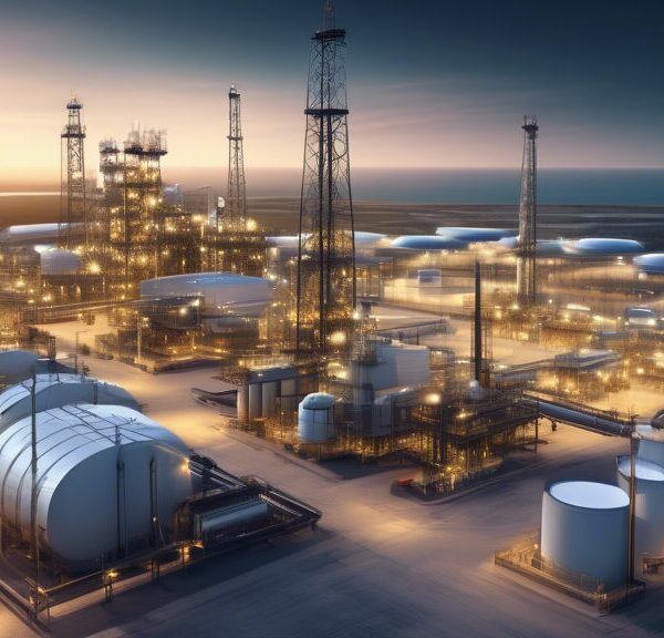 Create an image showcasing a modern oil and gas facility with advanced management technologies. Include elements such as digital screens with data analytics, automated machinery, and pipelines. The se