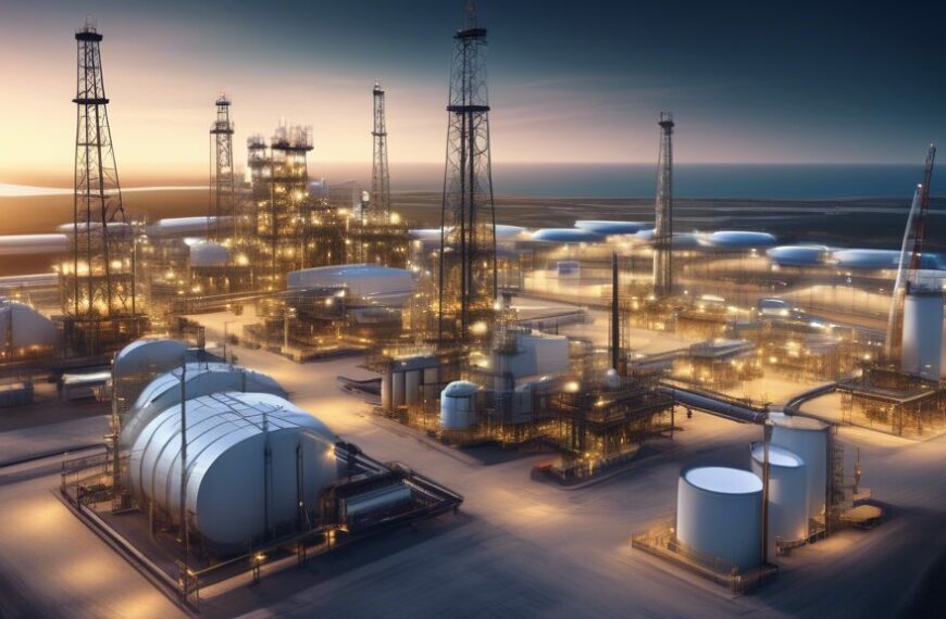 Create an image showcasing a modern oil and gas facility with advanced management technologies. Include elements such as digital screens with data analytics, automated machinery, and pipelines. The se