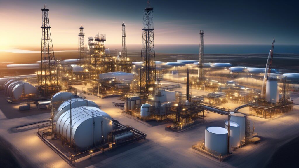 Create an image showcasing a modern oil and gas facility with advanced management technologies. Include elements such as digital screens with data analytics, automated machinery, and pipelines. The se