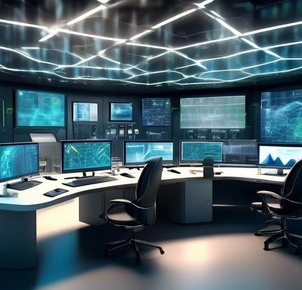 Create an image of a futuristic energy control room with advanced IT systems. Display holographic screens that showcase real-time data analytics, smart grid management, and renewable energy sources. I