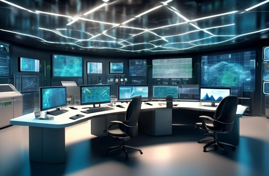 Create an image of a futuristic energy control room with advanced IT systems. Display holographic screens that showcase real-time data analytics, smart grid management, and renewable energy sources. I