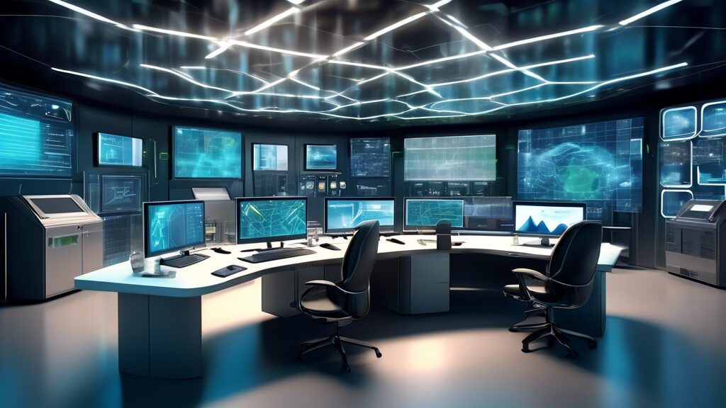 Create an image of a futuristic energy control room with advanced IT systems. Display holographic screens that showcase real-time data analytics, smart grid management, and renewable energy sources. I