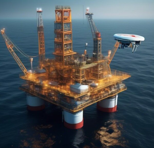 Create an image of a high-tech oil rig in the middle of the ocean, with AI-powered drones and robots seamlessly working together to maintain and optimize the operations. The setting should be a mix of