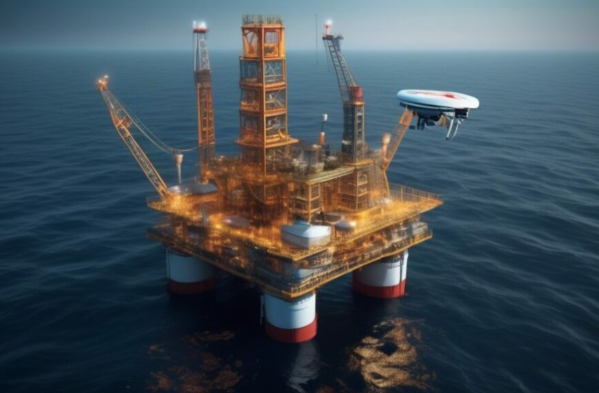 Create an image of a high-tech oil rig in the middle of the ocean, with AI-powered drones and robots seamlessly working together to maintain and optimize the operations. The setting should be a mix of