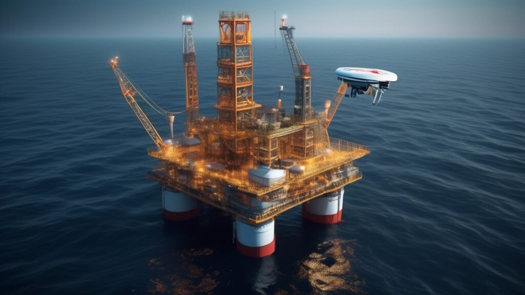 Create an image of a high-tech oil rig in the middle of the ocean, with AI-powered drones and robots seamlessly working together to maintain and optimize the operations. The setting should be a mix of