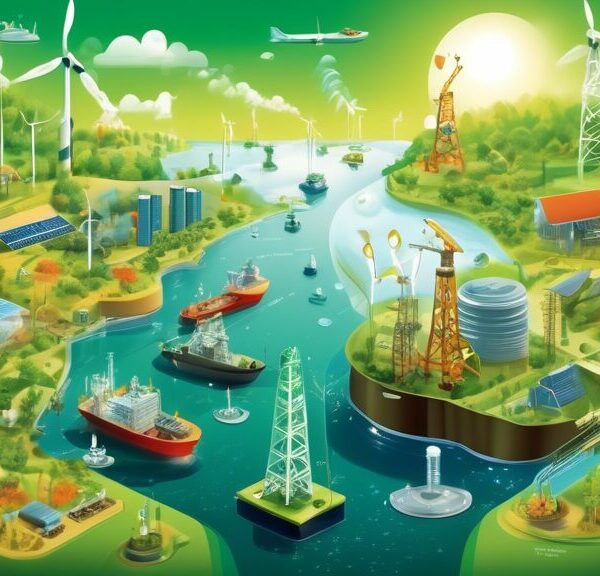 Visual representation of the future of sustainability in the oil and gas industry, inspired by the Sustainable Development Goals (SDGs). Show a balanced mix of oil rigs and renewable energy sources like wind turbines and solar panels, set against a backdrop of green landscapes and oceans. Incorporate elements such as clean energy technologies, eco-friendly practices, and community development, symbolizing harmony between industrial progress and environmental conservation.