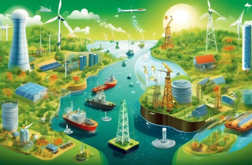 Visual representation of the future of sustainability in the oil and gas industry, inspired by the Sustainable Development Goals (SDGs). Show a balanced mix of oil rigs and renewable energy sources like wind turbines and solar panels, set against a backdrop of green landscapes and oceans. Incorporate elements such as clean energy technologies, eco-friendly practices, and community development, symbolizing harmony between industrial progress and environmental conservation.