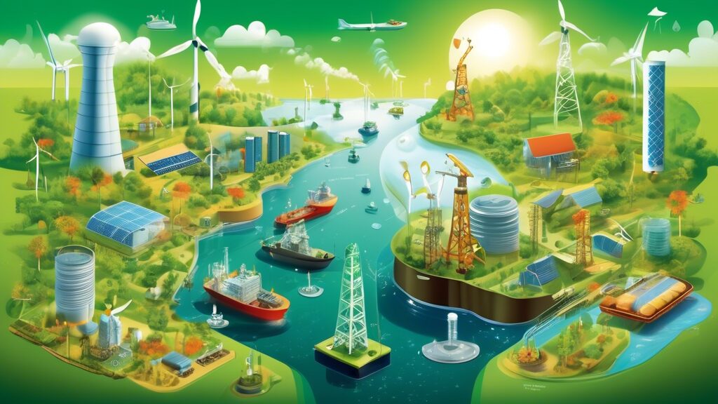 Visual representation of the future of sustainability in the oil and gas industry, inspired by the Sustainable Development Goals (SDGs). Show a balanced mix of oil rigs and renewable energy sources like wind turbines and solar panels, set against a backdrop of green landscapes and oceans. Incorporate elements such as clean energy technologies, eco-friendly practices, and community development, symbolizing harmony between industrial progress and environmental conservation.