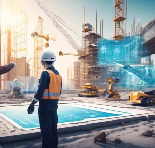 Create an image depicting a futuristic construction site where engineers use smart technologies in civil engineering. Show advanced robots and drones working alongside human engineers, all equipped wi