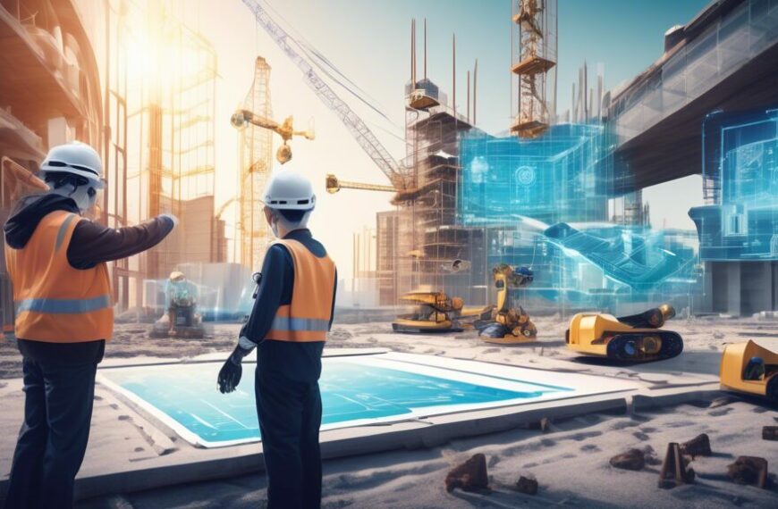 Create an image depicting a futuristic construction site where engineers use smart technologies in civil engineering. Show advanced robots and drones working alongside human engineers, all equipped wi