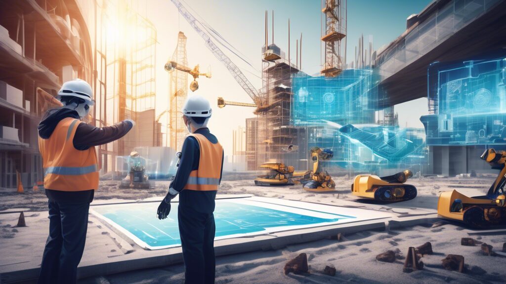 Create an image depicting a futuristic construction site where engineers use smart technologies in civil engineering. Show advanced robots and drones working alongside human engineers, all equipped wi