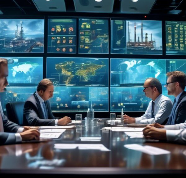 A high-tech boardroom filled with industry experts in formal attire analyzing sophisticated 3D models of oil rigs and gas fields on holographic screens. There are charts, graphs, and maps spread across a large conference table, with a cityscape featuring refinery plants visible through the large windows. The atmosphere is intense and focused, highlighting the strategic planning and development process in the oil and gas industry.