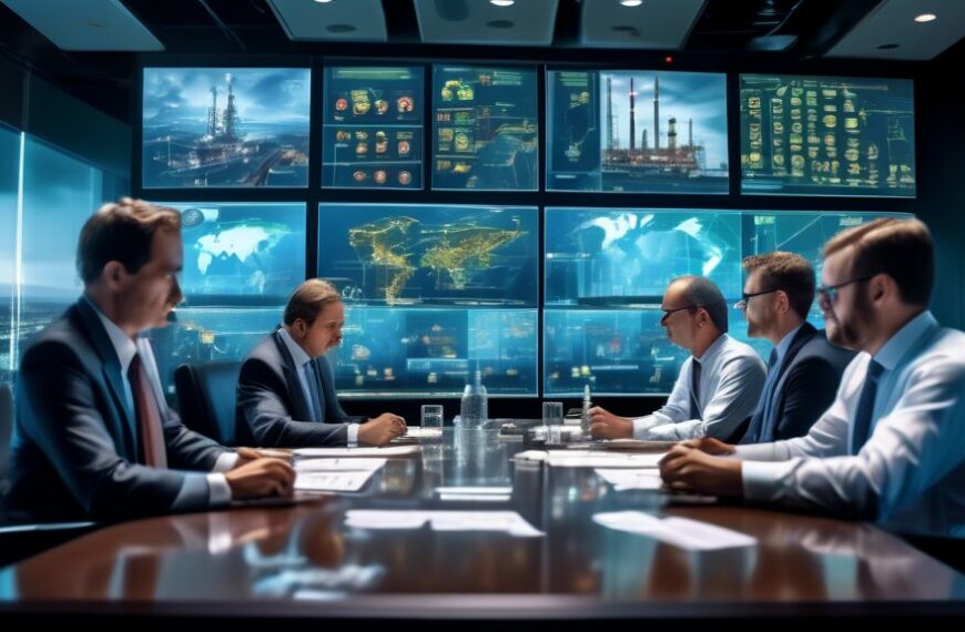 A high-tech boardroom filled with industry experts in formal attire analyzing sophisticated 3D models of oil rigs and gas fields on holographic screens. There are charts, graphs, and maps spread across a large conference table, with a cityscape featuring refinery plants visible through the large windows. The atmosphere is intense and focused, highlighting the strategic planning and development process in the oil and gas industry.