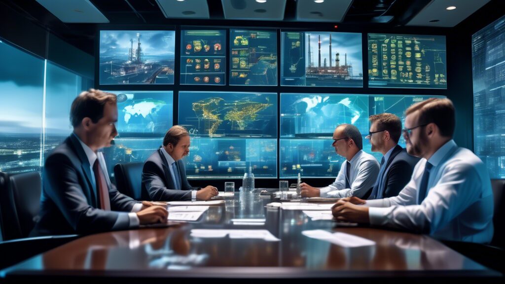 A high-tech boardroom filled with industry experts in formal attire analyzing sophisticated 3D models of oil rigs and gas fields on holographic screens. There are charts, graphs, and maps spread across a large conference table, with a cityscape featuring refinery plants visible through the large windows. The atmosphere is intense and focused, highlighting the strategic planning and development process in the oil and gas industry.