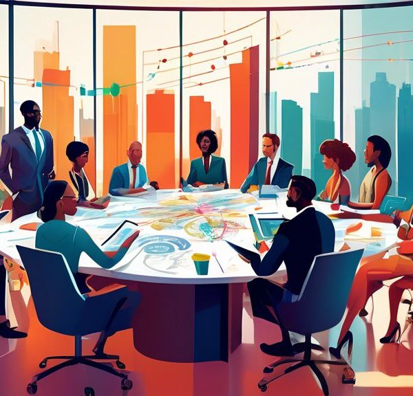 An image depicting a group of diverse business professionals engaged in a high-level strategic meeting, surrounded by charts, graphs, and financial documents. The setting is a modern office with a lar