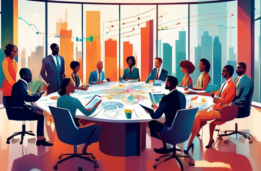 An image depicting a group of diverse business professionals engaged in a high-level strategic meeting, surrounded by charts, graphs, and financial documents. The setting is a modern office with a lar