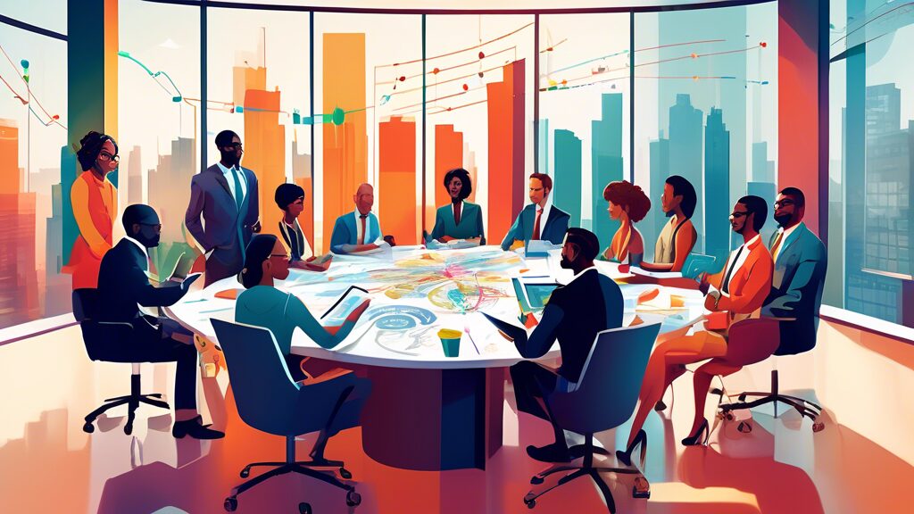 An image depicting a group of diverse business professionals engaged in a high-level strategic meeting, surrounded by charts, graphs, and financial documents. The setting is a modern office with a lar