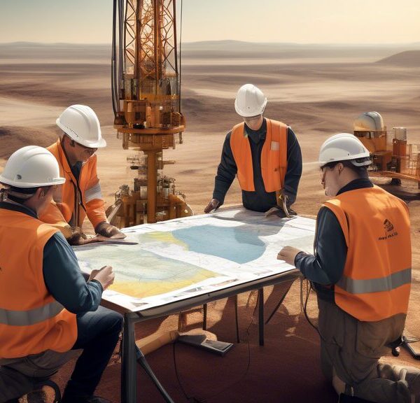 An image depicting a team of geologists and engineers working together at an oil exploration site. The scene features advanced seismic survey equipment, drilling rigs, and a detailed geological map sp