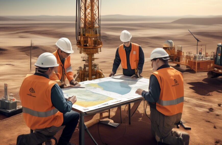 An image depicting a team of geologists and engineers working together at an oil exploration site. The scene features advanced seismic survey equipment, drilling rigs, and a detailed geological map sp