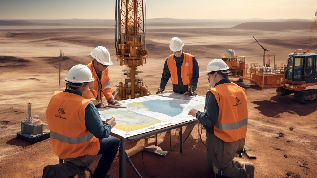 An image depicting a team of geologists and engineers working together at an oil exploration site. The scene features advanced seismic survey equipment, drilling rigs, and a detailed geological map sp