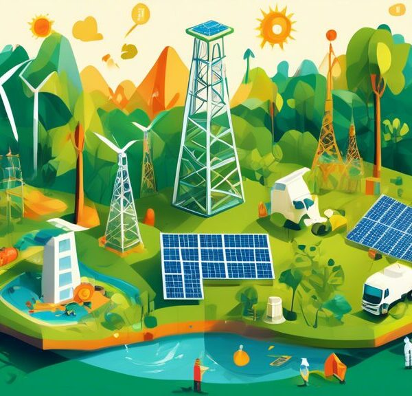 Illustration of an oil rig surrounded by lush green landscapes, with symbols of renewable energy sources like wind turbines and solar panels integrated into the scene. People in safety gear working harmoniously and responsibly, with icons representing the Sustainable Development Goals (SDGs) floating around, such as clean energy, climate action, and sustainable communities.