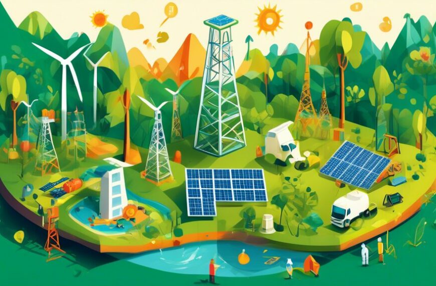 Illustration of an oil rig surrounded by lush green landscapes, with symbols of renewable energy sources like wind turbines and solar panels integrated into the scene. People in safety gear working harmoniously and responsibly, with icons representing the Sustainable Development Goals (SDGs) floating around, such as clean energy, climate action, and sustainable communities.